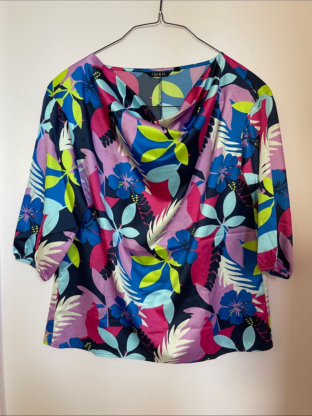 IMAN Multicolor Floral Satin Cowl Neck Top